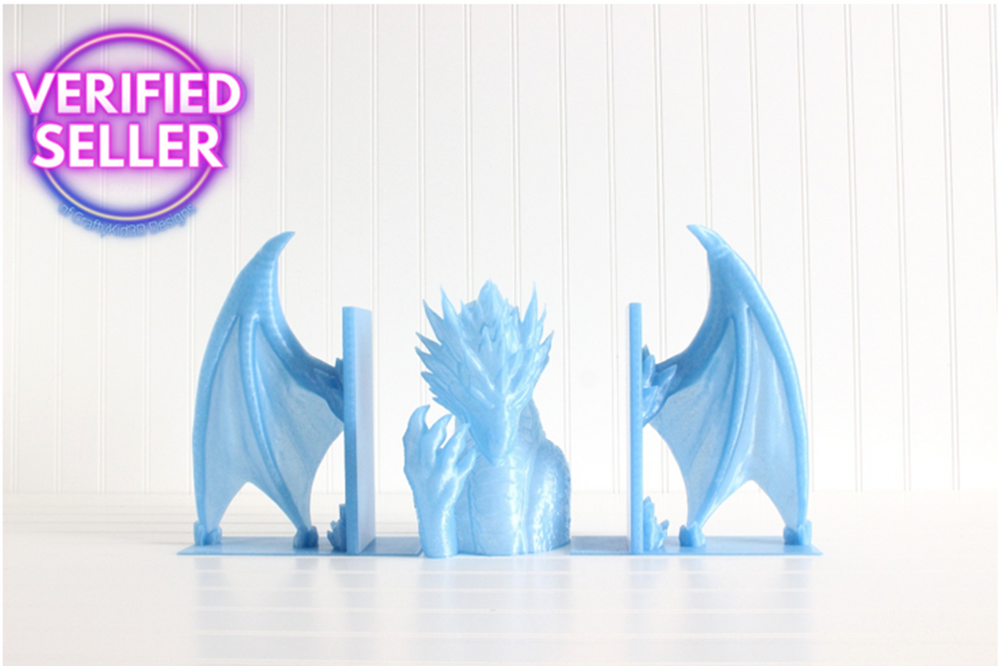 Ice Dragon with Wings Bookends, Dragon Bookshelf Decor 3D Print