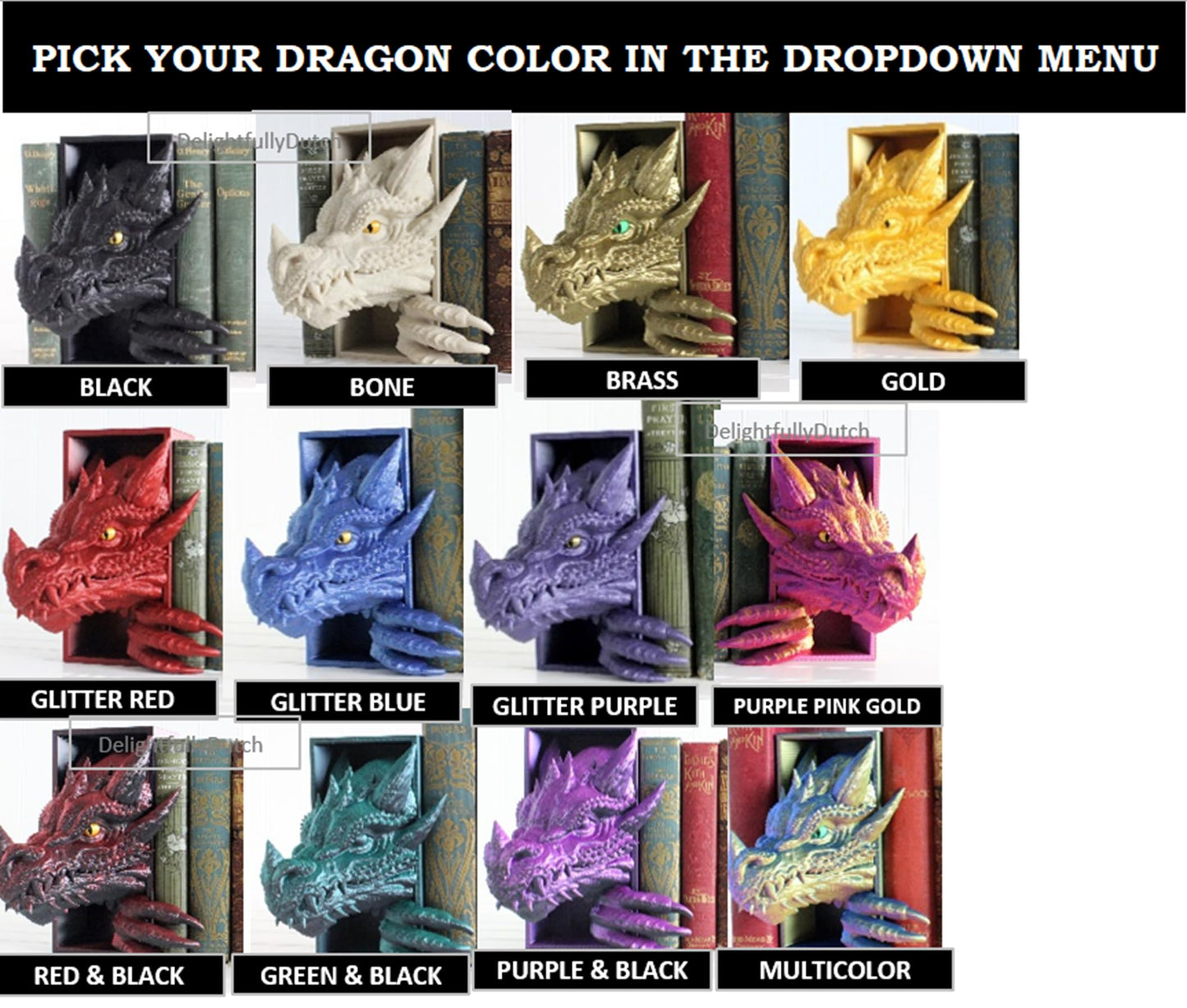 Dragon Book Nook SET, Dragon Tail and Head, Bookshelf Decor, 3D Print, Bookish