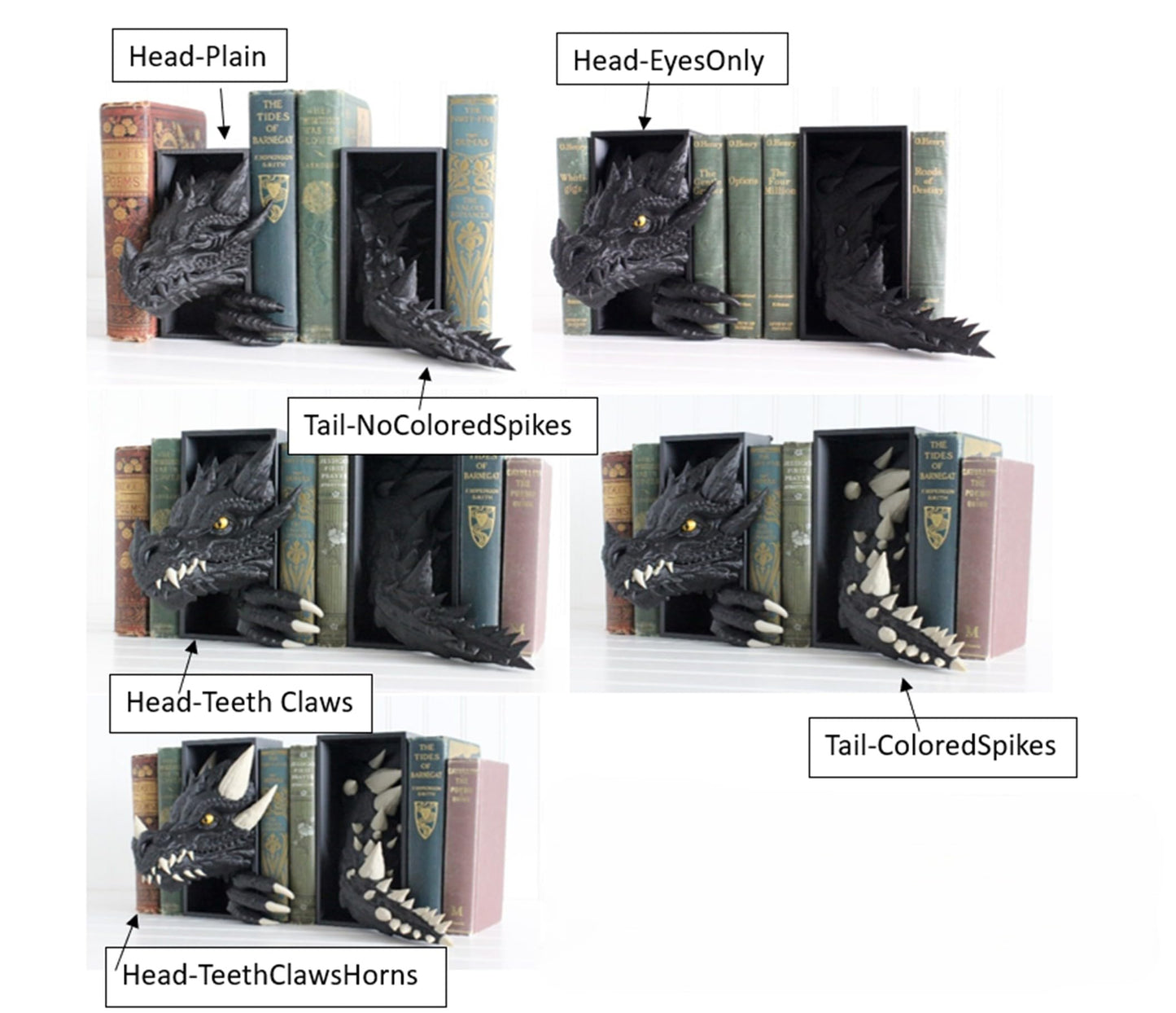 Dragon Book Nook, Dragon Head ONLY with Colored Spikes, Teeth, and Claws, Bookshelf Decor, 3D Print, Bookish
