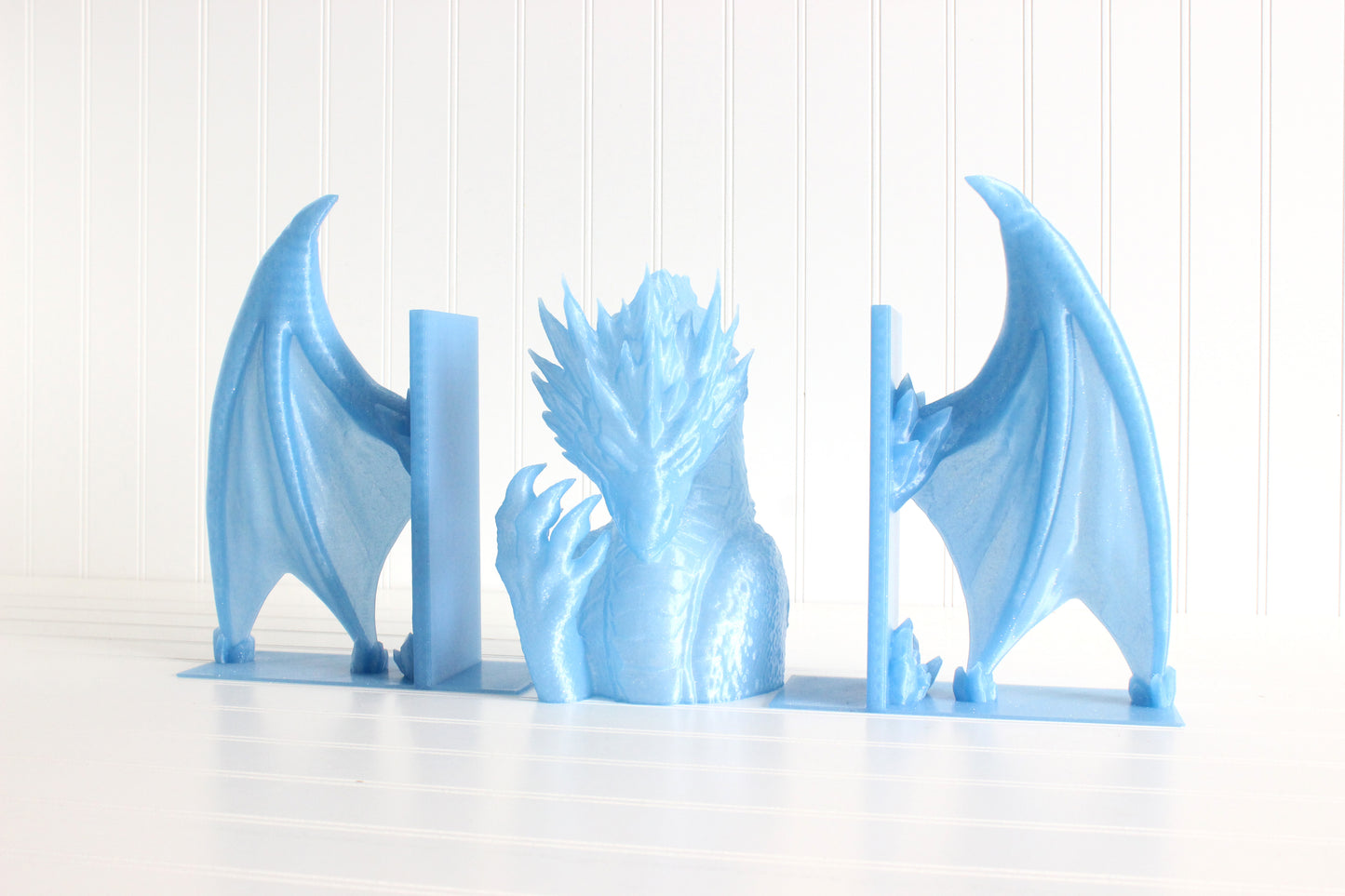 Ice Dragon with Wings Bookends, Dragon Bookshelf Decor 3D Print