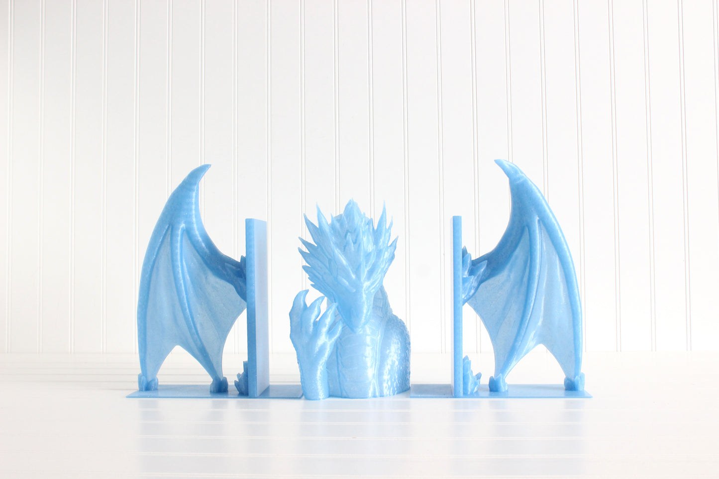 Ice Dragon with Wings Bookends, Dragon Bookshelf Decor 3D Print