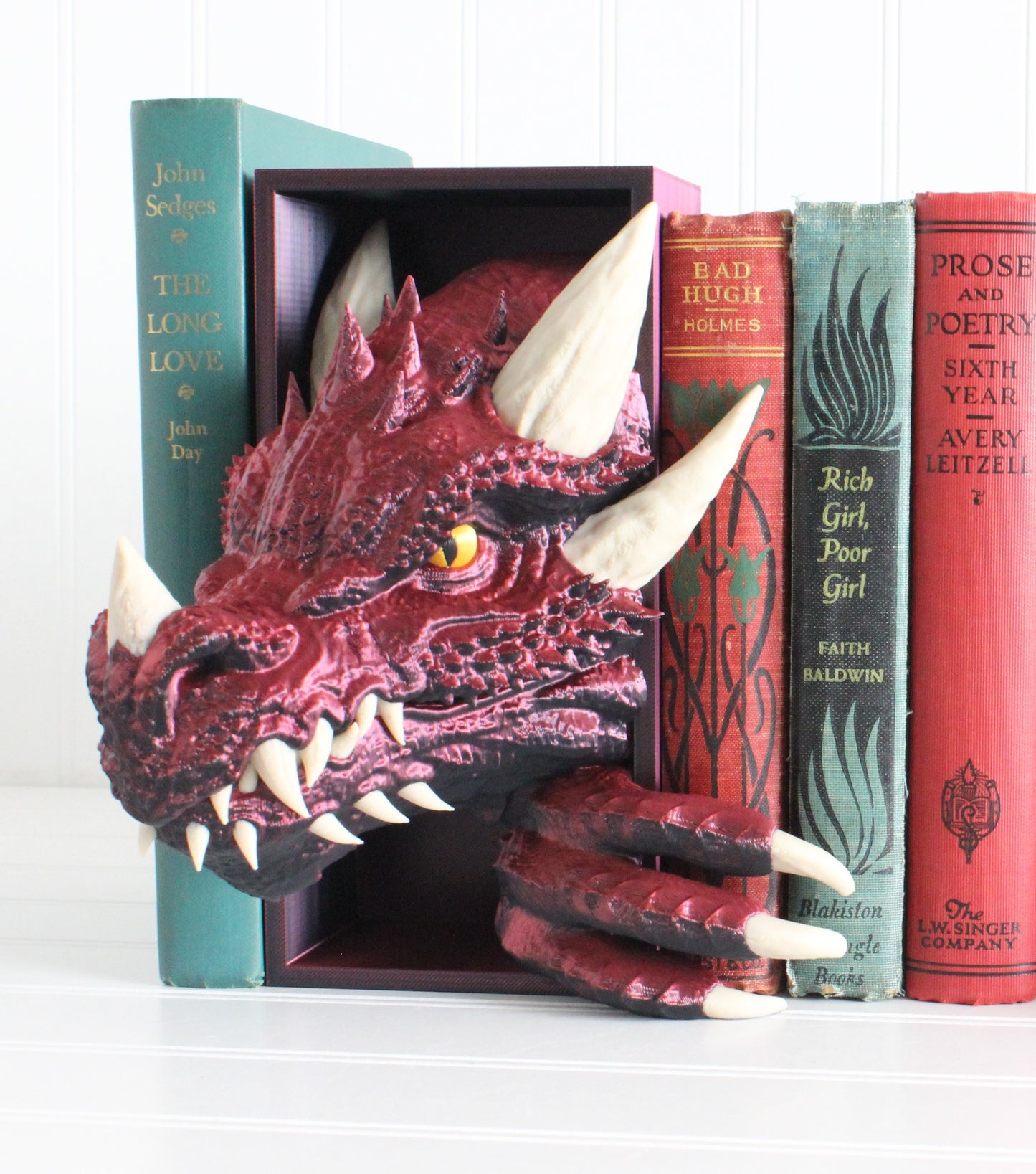 Dragon Book Nook, Dragon Head ONLY with Colored Spikes, Teeth, and Claws, Bookshelf Decor, 3D Print, Bookish